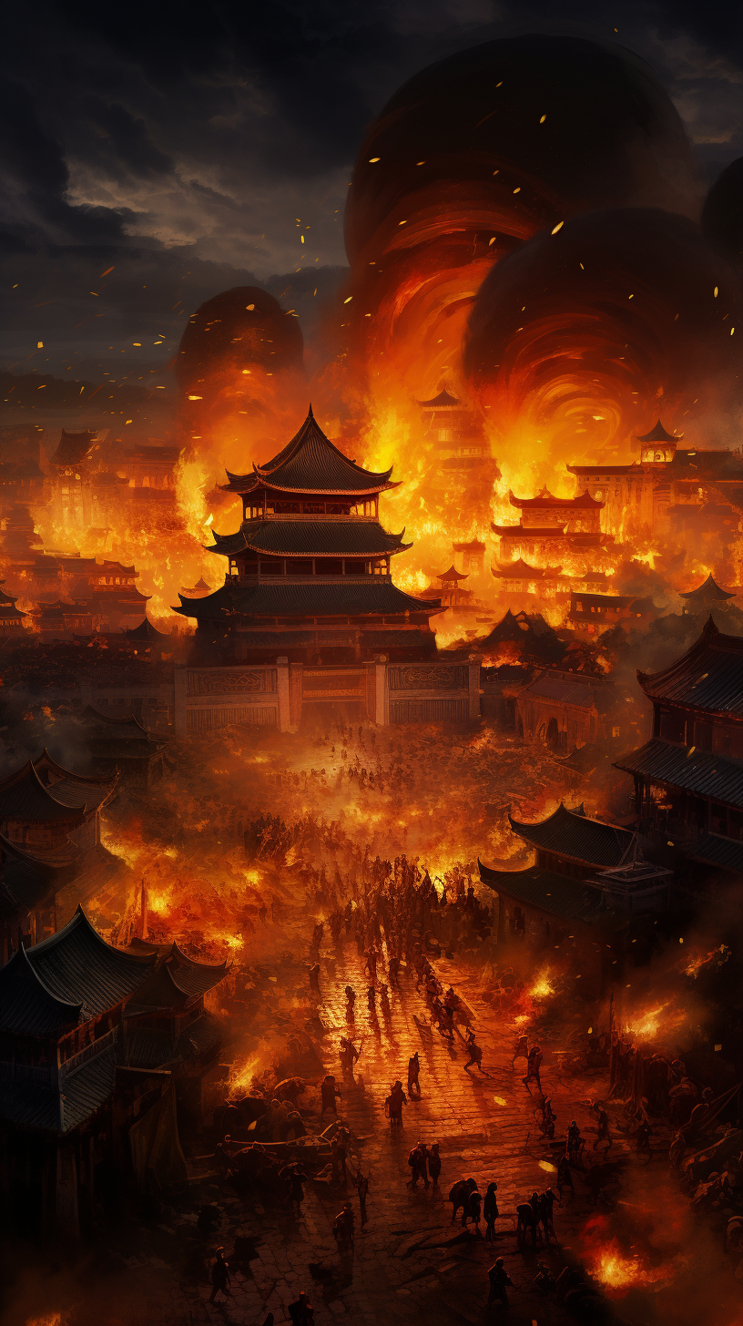 Une ville en flamme assiégée par les armées mongoles
