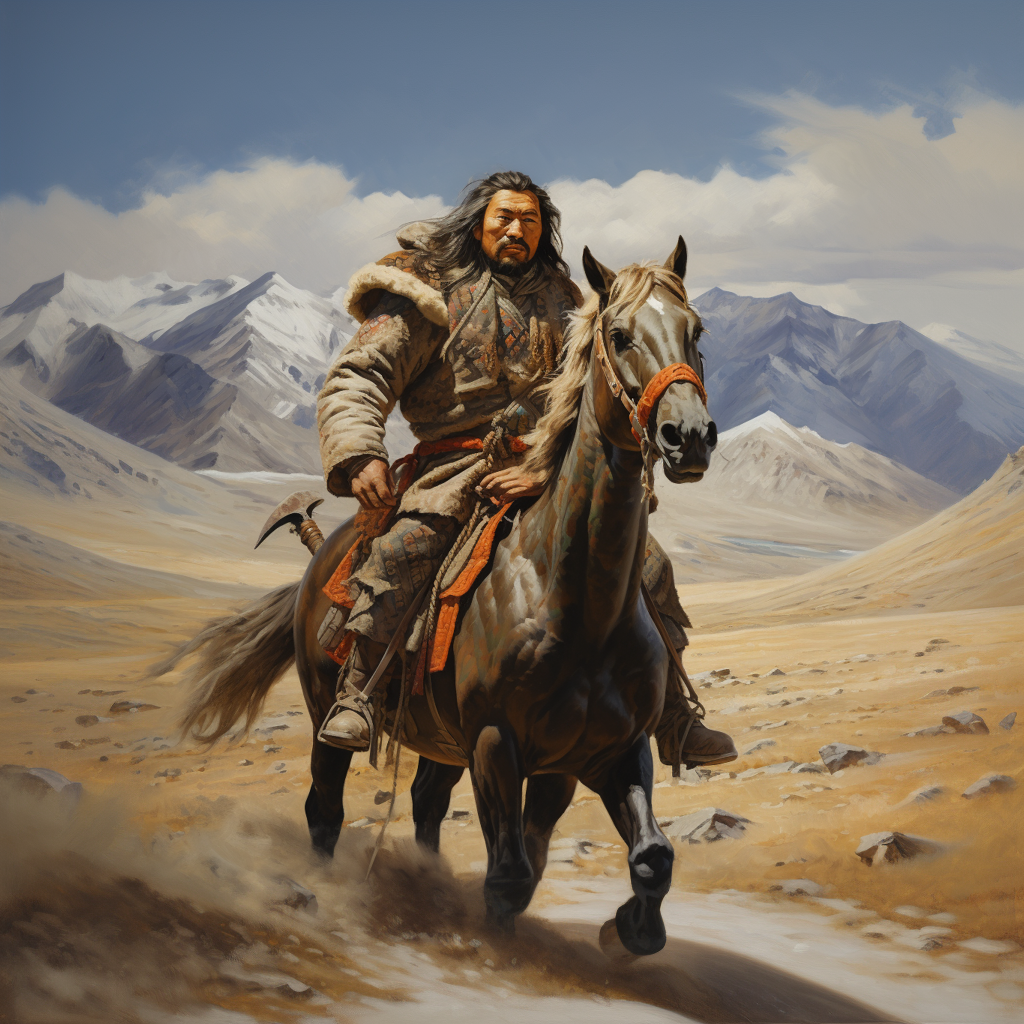 Gengis Khan chevauche dans les steppes de Mongolie