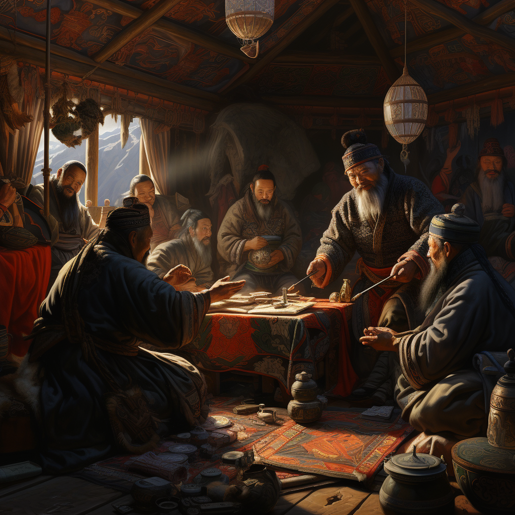 Des sages mongols discutent stratégie autour d'une table